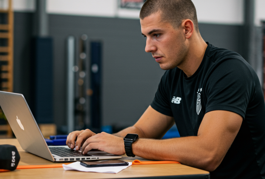 Strength and conditioning coach reviewing the Pod1um platform on a laptop in a gym