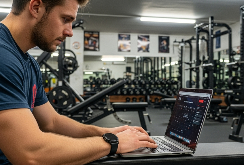 Coach working on a laptop showing training software surrounded by gym equipment